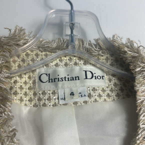 Vintage Christian Dior Cream Tan Fringe Button Up Blazer Jacket Size 4 - Picture 2 of 11